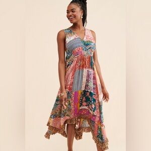 Anthropologie Margaux Multicolored Midi Dress Boho Patchwork Floral Asymmetrical